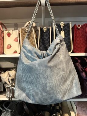 Light Blue Soft-Textured Chain Shoulder Hobo Bag - New